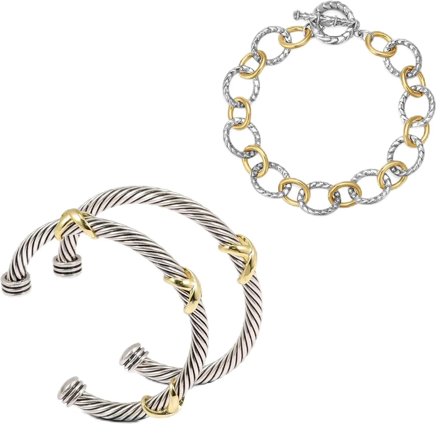TAYASE 3PCS Two Tone Bracelet Set for Women, Designer Inspired Cable Bangle & Chain Link Bracelets, Silver Gold Mixed Metal Fashion Jewelry Set with Toggle Clasp (Bracelet B STYLE)