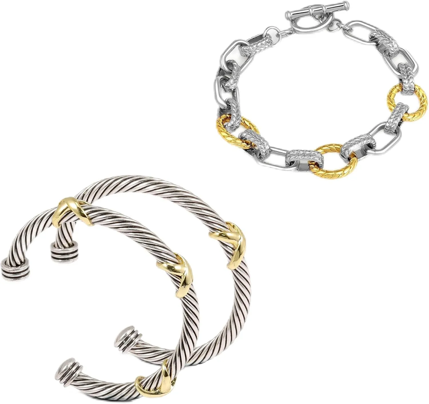 TAYASE 3PCS Two Tone Bracelet Set for Women, Designer Inspired Cable Bangle & Chain Link Bracelets, Silver Gold Mixed Metal Fashion Jewelry Set with Toggle Clasp (Bracelet D STYLE)