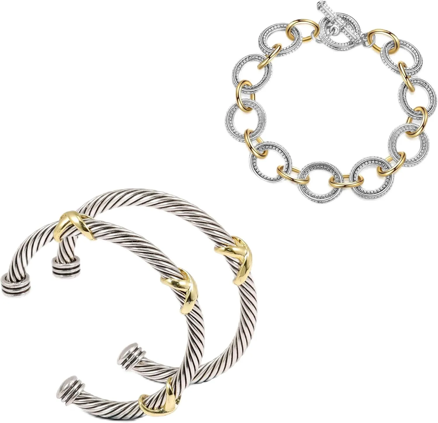 TAYASE 3PCS Two Tone Bracelet Set for Women, Designer Inspired Cable Bangle & Chain Link Bracelets, Silver Gold Mixed Metal Fashion Jewelry Set with Toggle Clasp (Bracelet E STYLE)