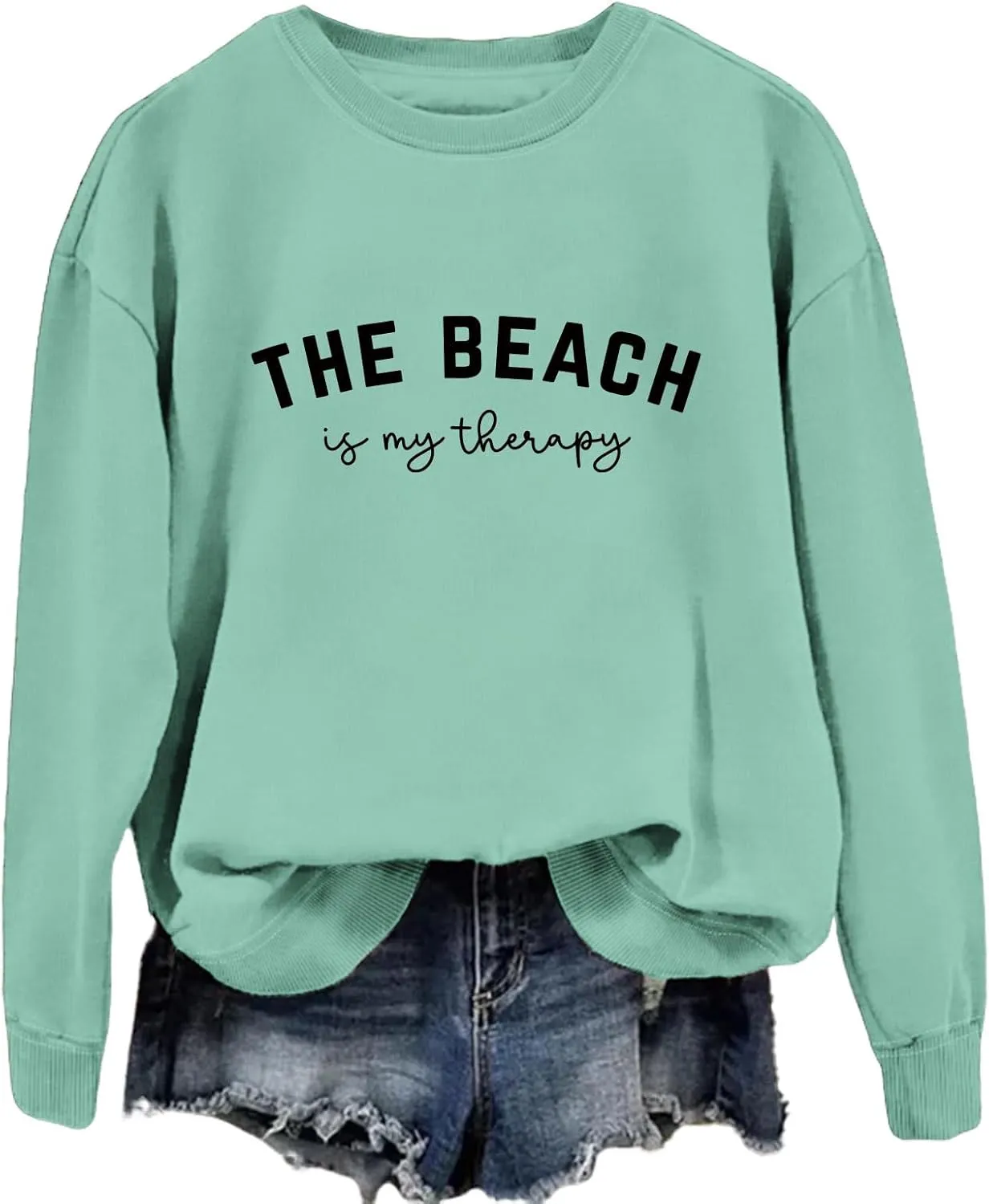 The Beach Is My Therapy Sweatshirt for Women Long Sleeve Crewneck Shirts Cute Graphic Loose Fit Pullover Tops