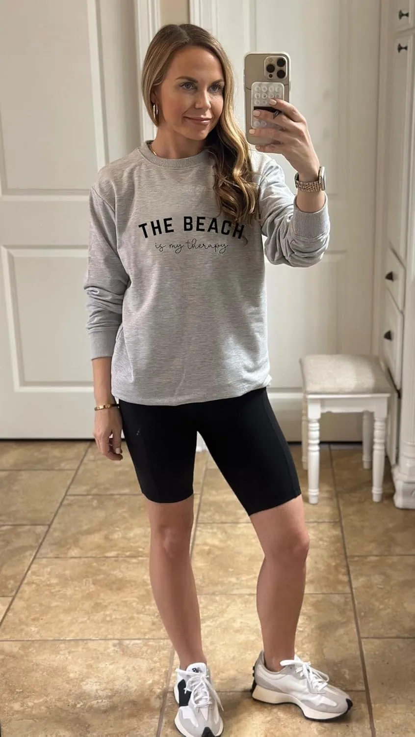 The Beach Is My Therapy Sweatshirt for Women Long Sleeve Crewneck Shirts Cute Graphic Loose Fit Pullover Tops