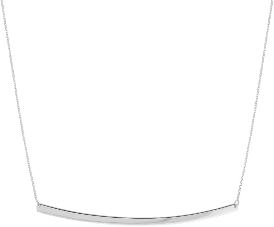 Thin Curved Bar Necklace - 14K White Gold - Adjustable - Cable Chain