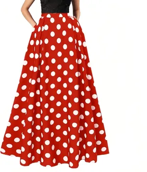 ThreeH Women's Pleated Skirt Casual Flared High Waisted Long Skirt Basic A-Line Dot Bohemia