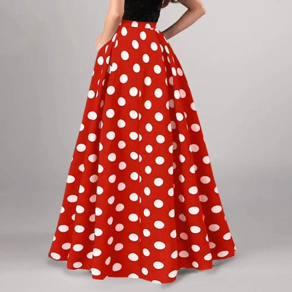 ThreeH Women's Pleated Skirt Casual Flared High Waisted Long Skirt Basic A-Line Dot Bohemia