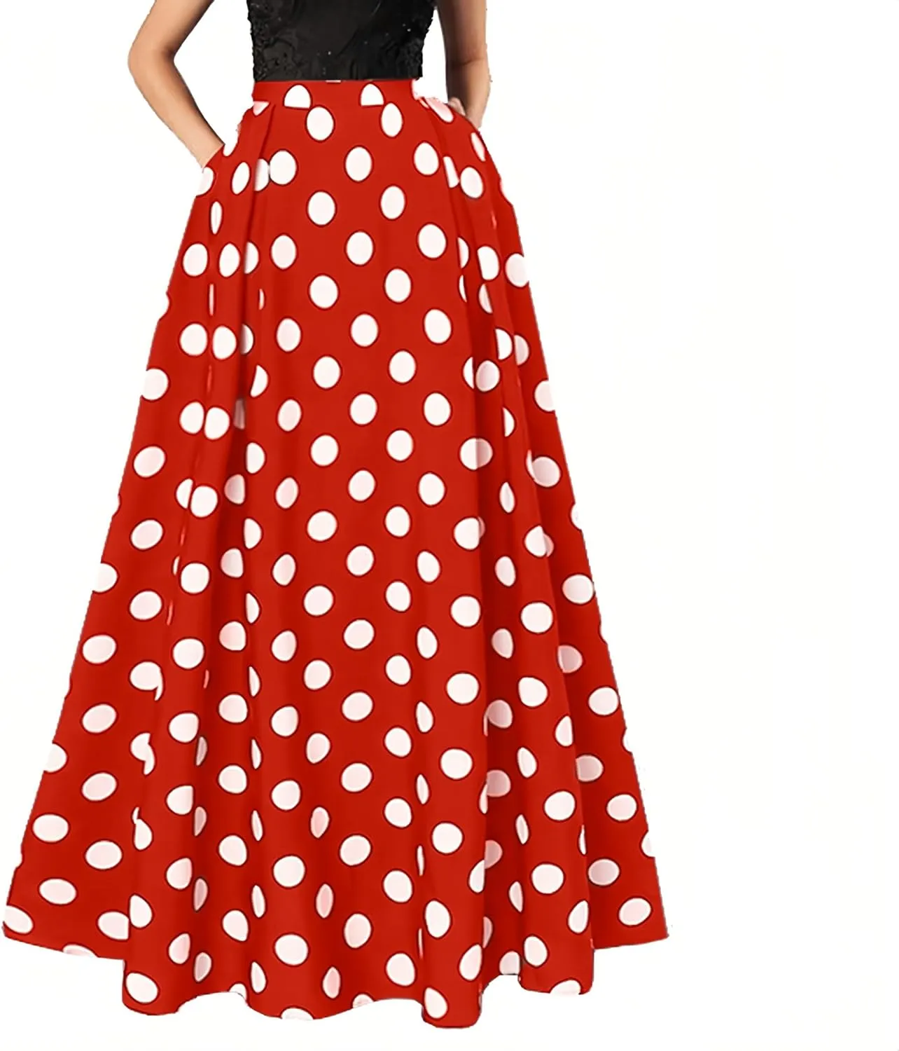 ThreeH Women's Pleated Skirt Casual Flared High Waisted Long Skirt Basic A-Line Dot Bohemia