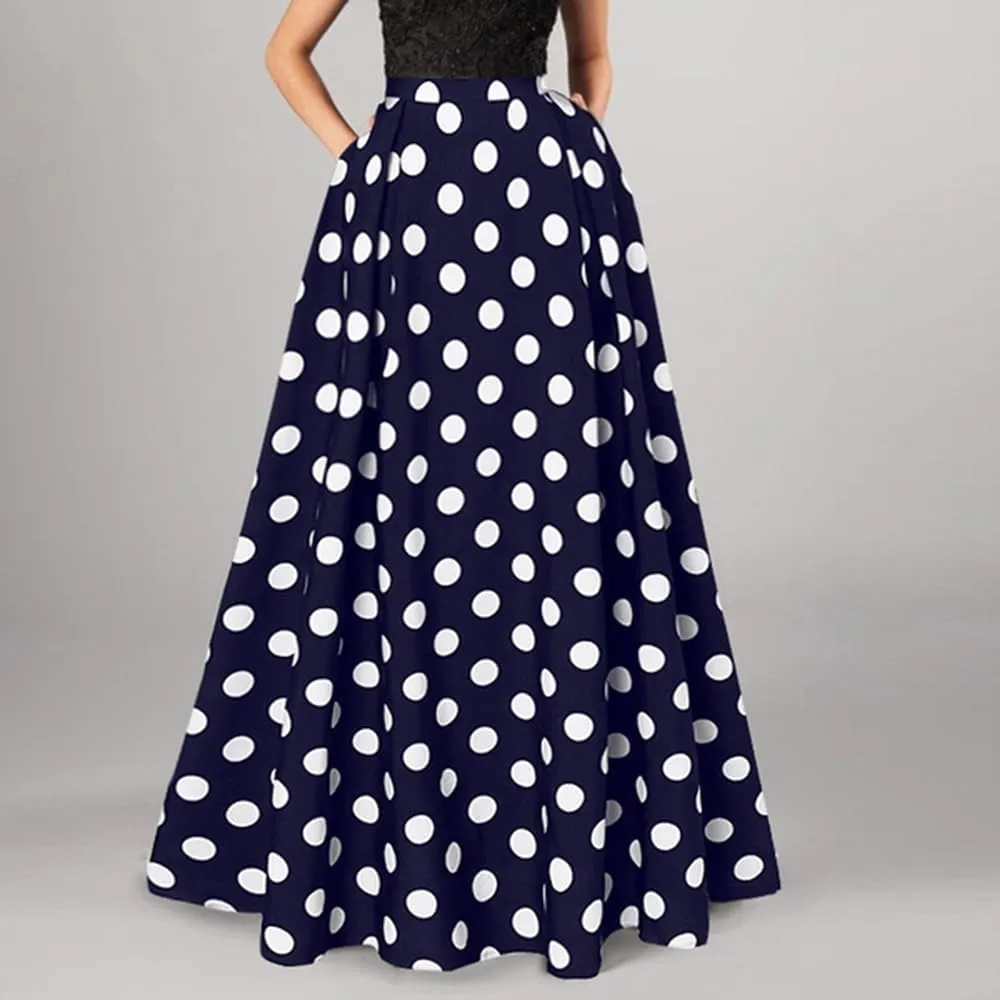 ThreeH Women's Pleated Skirt Casual Flared High Waisted Long Skirt Basic A-Line Dot Bohemia