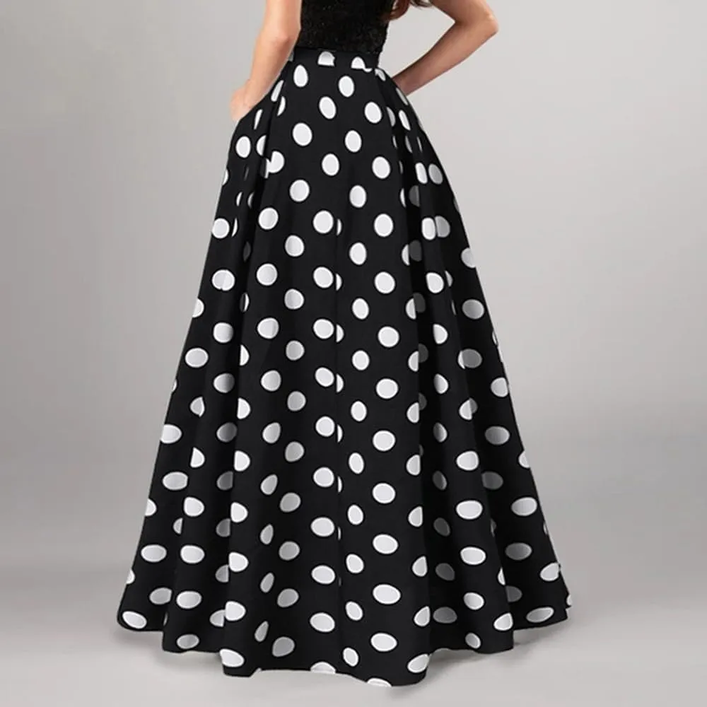 ThreeH Women's Pleated Skirt Casual Flared High Waisted Long Skirt Basic A-Line Dot Bohemia