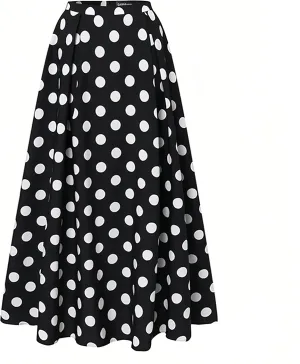 ThreeH Women's Pleated Skirt Casual Flared High Waisted Long Skirt Basic A-Line Dot Bohemia