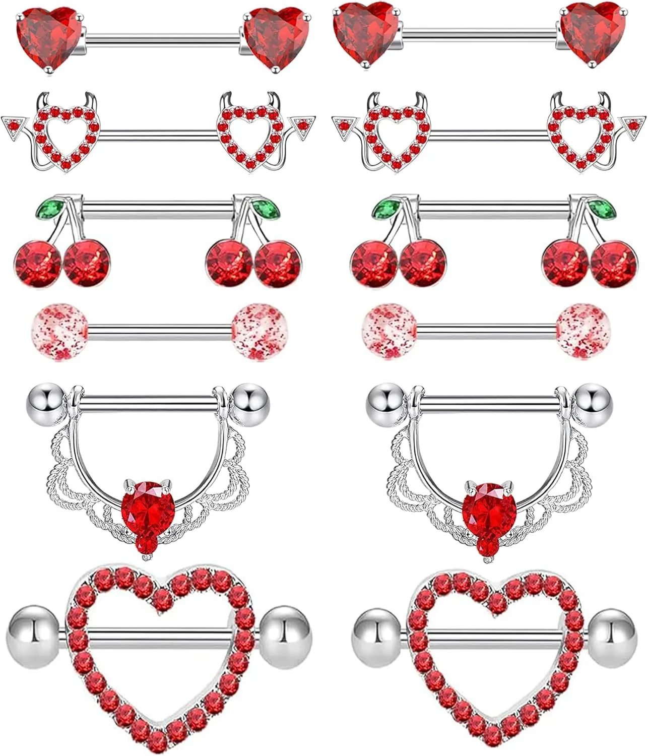 TIANCI FBYJS 6 Pairs Nipple Rings Stainless Steel Heart Butterfly Moon Flower CZ Stud Barbell Tongue Rings Set Cute Nipplerings Piercing Jewelry for Women Pink Tone