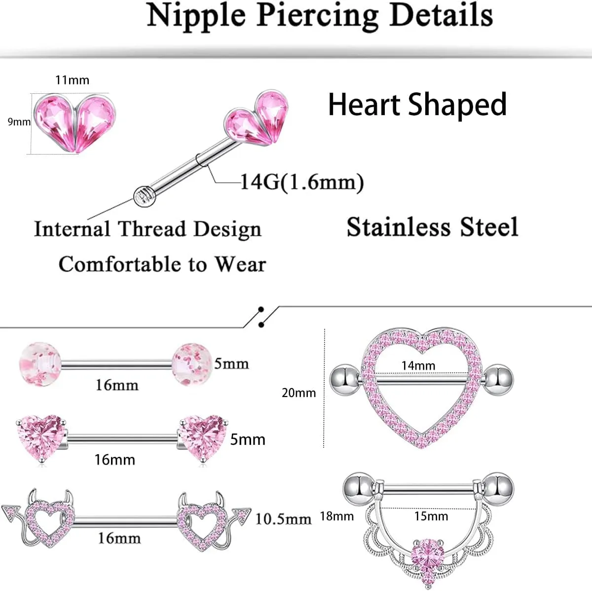 TIANCI FBYJS 6 Pairs Nipple Rings Stainless Steel Heart Butterfly Moon Flower CZ Stud Barbell Tongue Rings Set Cute Nipplerings Piercing Jewelry for Women Pink Tone