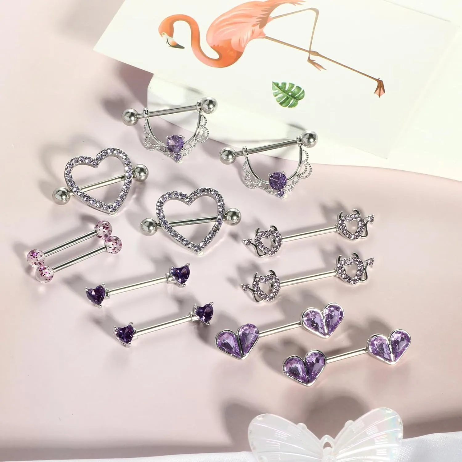 TIANCI FBYJS 6 Pairs Nipple Rings Stainless Steel Heart Butterfly Moon Flower CZ Stud Barbell Tongue Rings Set Cute Nipplerings Piercing Jewelry for Women Pink Tone