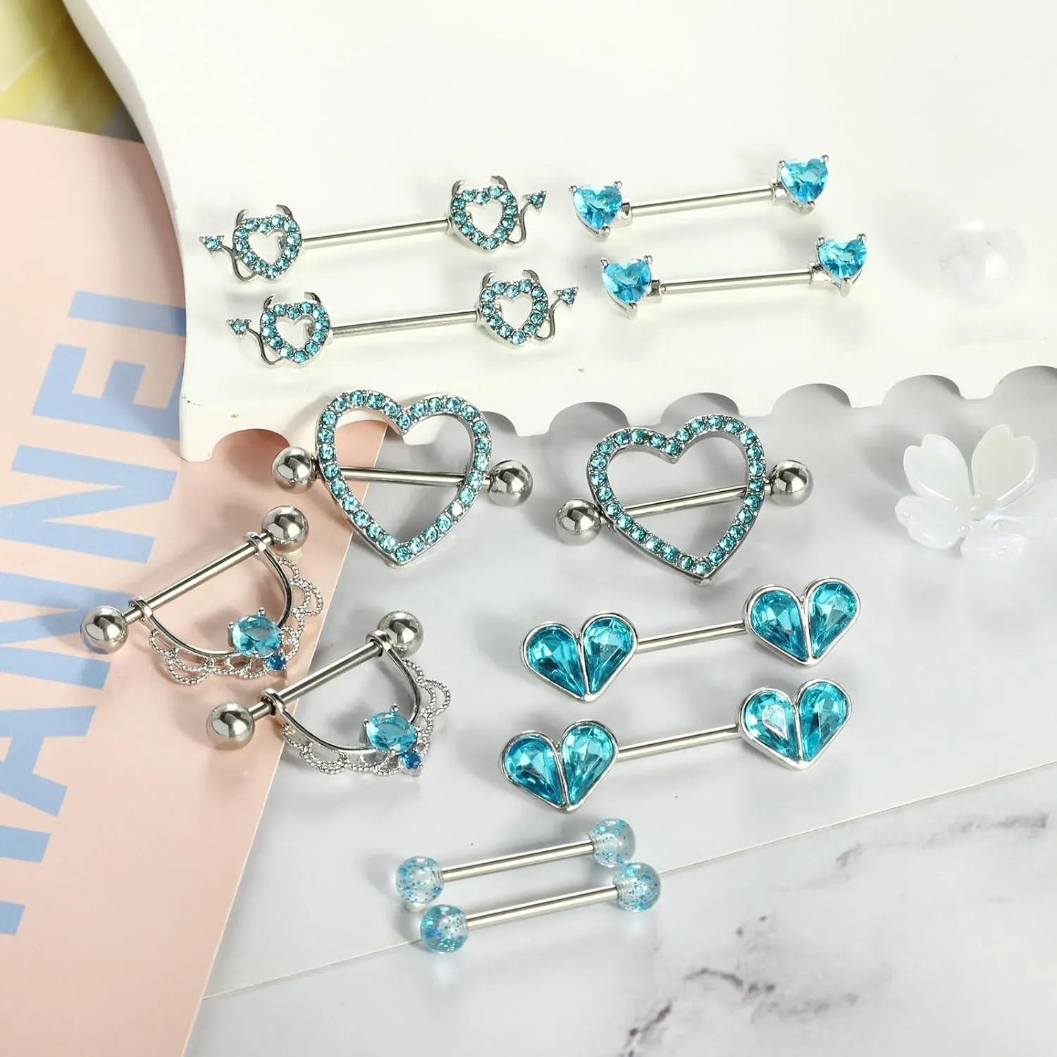 TIANCI FBYJS 6 Pairs Nipple Rings Stainless Steel Heart Butterfly Moon Flower CZ Stud Barbell Tongue Rings Set Cute Nipplerings Piercing Jewelry for Women Pink Tone