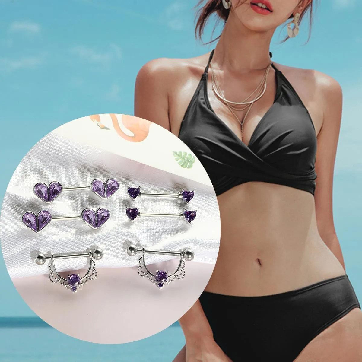 TIANCI FBYJS 6 Pairs Nipple Rings Stainless Steel Heart Butterfly Moon Flower CZ Stud Barbell Tongue Rings Set Cute Nipplerings Piercing Jewelry for Women Pink Tone