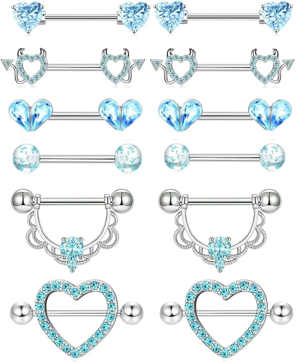 TIANCI FBYJS 6 Pairs Nipple Rings Stainless Steel Heart Butterfly Moon Flower CZ Stud Barbell Tongue Rings Set Cute Nipplerings Piercing Jewelry for Women Pink Tone