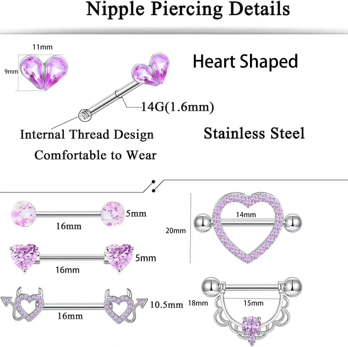 TIANCI FBYJS 6 Pairs Nipple Rings Stainless Steel Heart Butterfly Moon Flower CZ Stud Barbell Tongue Rings Set Cute Nipplerings Piercing Jewelry for Women Pink Tone