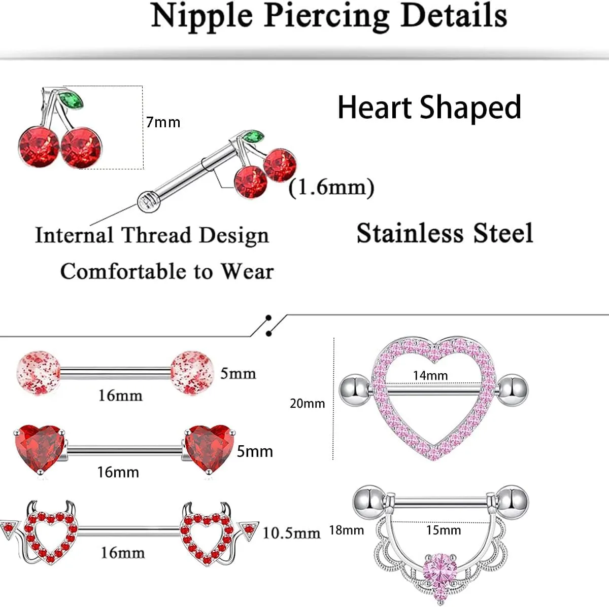 TIANCI FBYJS 6 Pairs Nipple Rings Stainless Steel Heart Butterfly Moon Flower CZ Stud Barbell Tongue Rings Set Cute Nipplerings Piercing Jewelry for Women Pink Tone