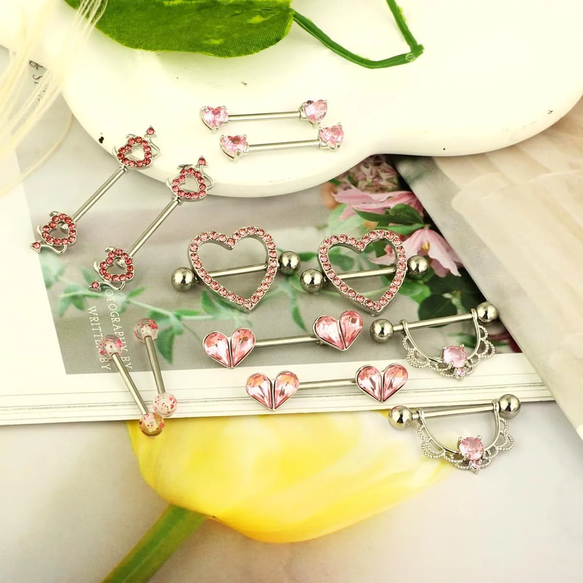 TIANCI FBYJS 6 Pairs Nipple Rings Stainless Steel Heart Butterfly Moon Flower CZ Stud Barbell Tongue Rings Set Cute Nipplerings Piercing Jewelry for Women Pink Tone
