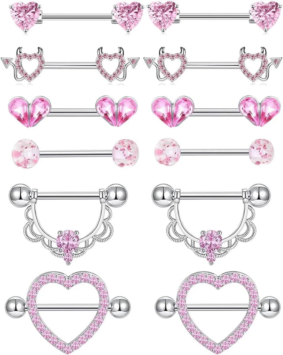 TIANCI FBYJS 6 Pairs Nipple Rings Stainless Steel Heart Butterfly Moon Flower CZ Stud Barbell Tongue Rings Set Cute Nipplerings Piercing Jewelry for Women Pink Tone
