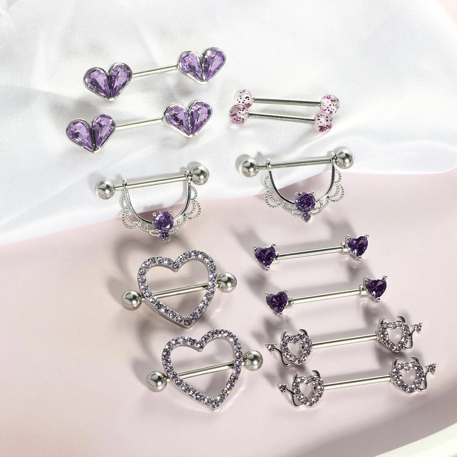 TIANCI FBYJS 6 Pairs Nipple Rings Stainless Steel Heart Butterfly Moon Flower CZ Stud Barbell Tongue Rings Set Cute Nipplerings Piercing Jewelry for Women Pink Tone