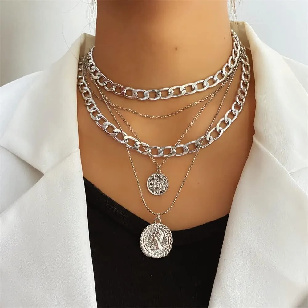Todenb Layered Gold Pirate Necklace for Women Chunky Chain Pirate Jewelry 80s 90s Coin Pendant Necklace Pirate Costume Accessories