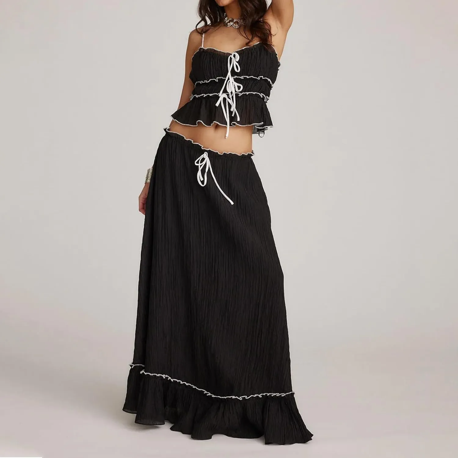 Two Piece Maxi Skirt Set Women Y2k Sexy Lace Sheer Halter Top and Smocked Pleated Long Maxi Sets 2 Piece Outfits