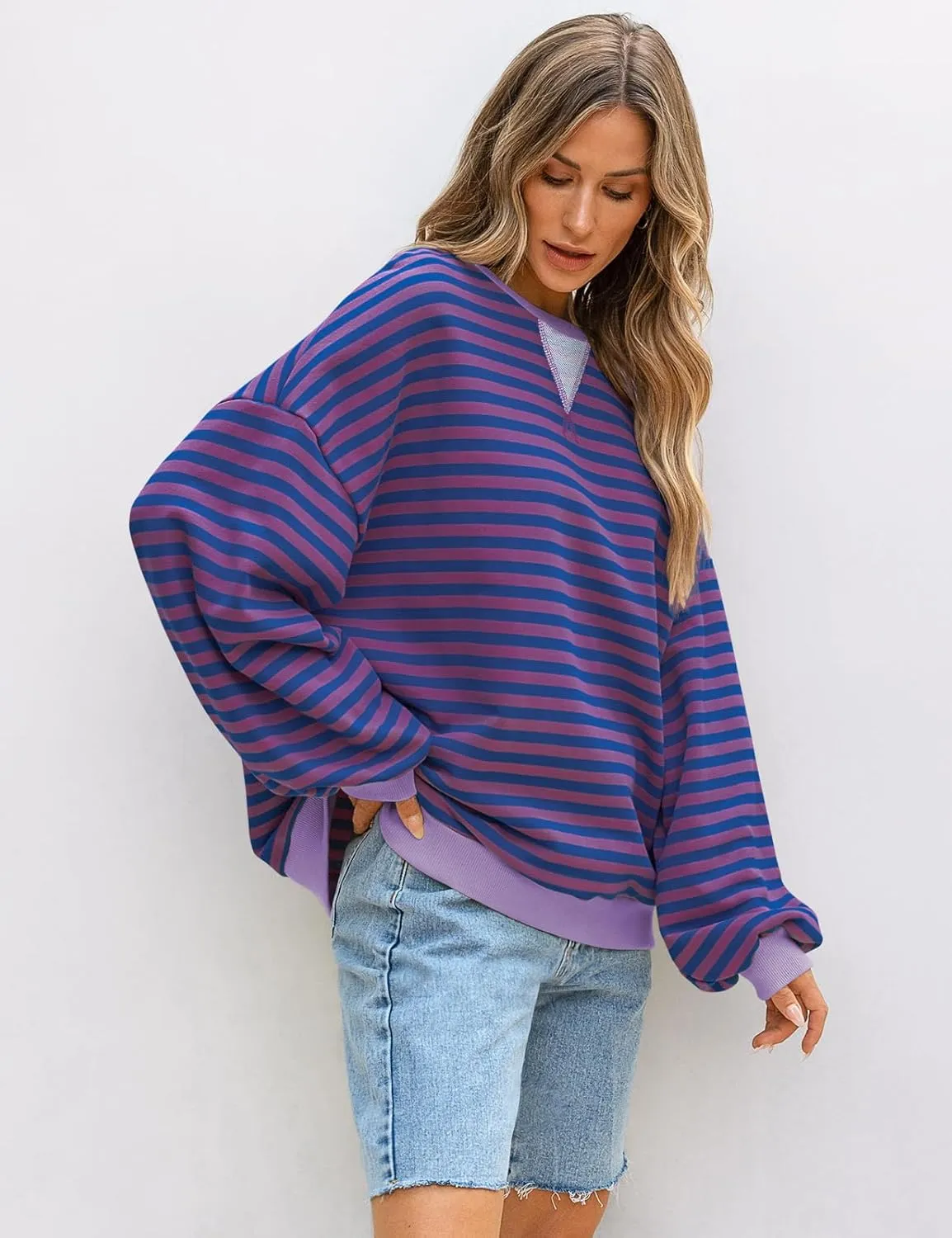 UEU Women Striped Oversized Sweatshirt Color Block Crewneck Long Sleeve Pullover Top Fashion Trendy Preppy Clothes