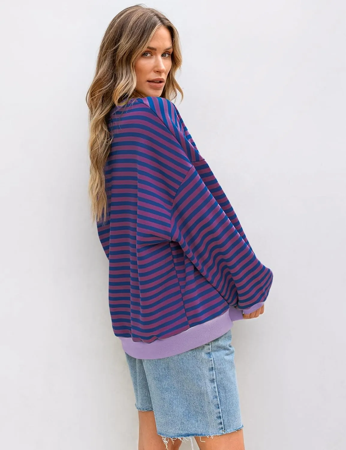 UEU Women Striped Oversized Sweatshirt Color Block Crewneck Long Sleeve Pullover Top Fashion Trendy Preppy Clothes