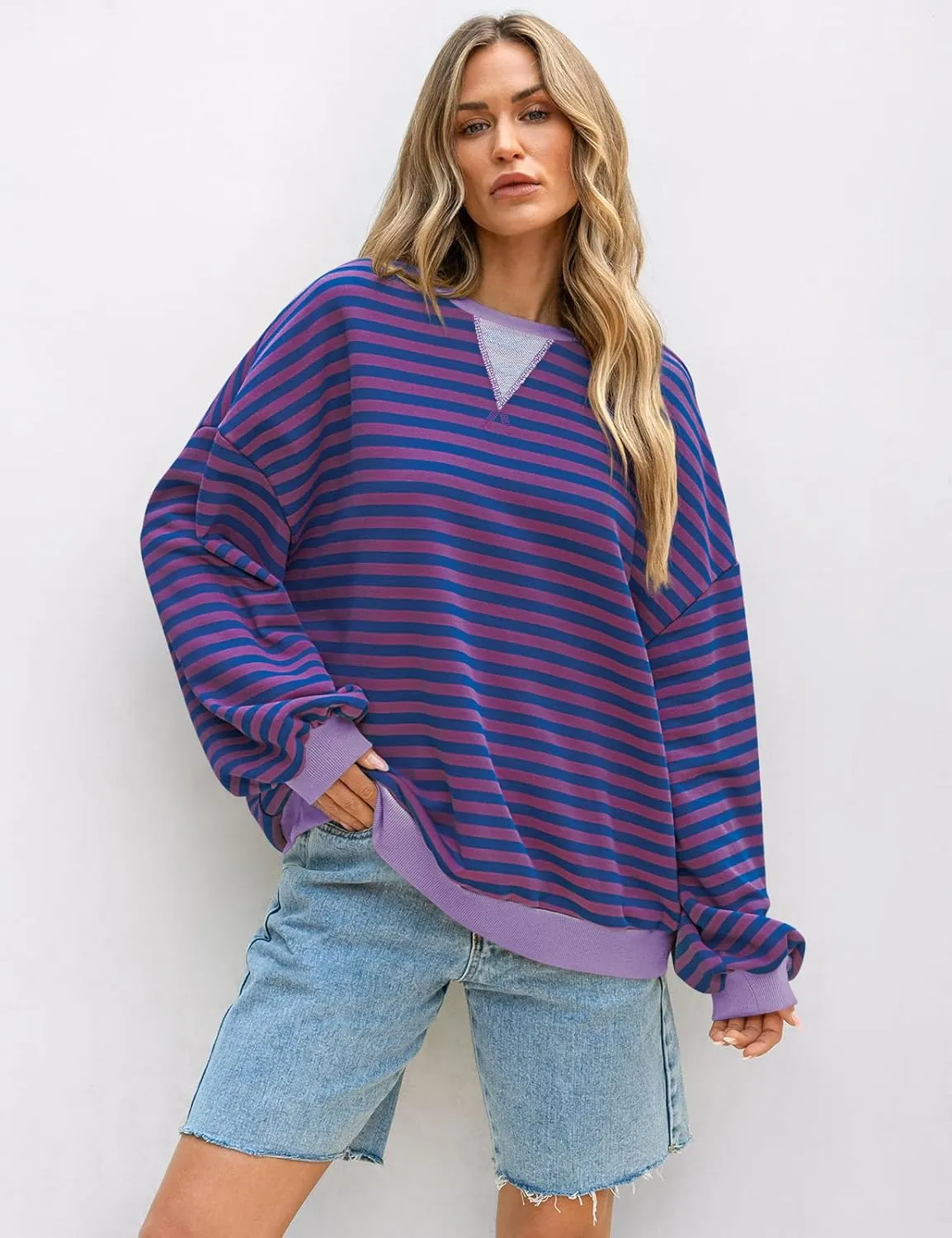 UEU Women Striped Oversized Sweatshirt Color Block Crewneck Long Sleeve Pullover Top Fashion Trendy Preppy Clothes