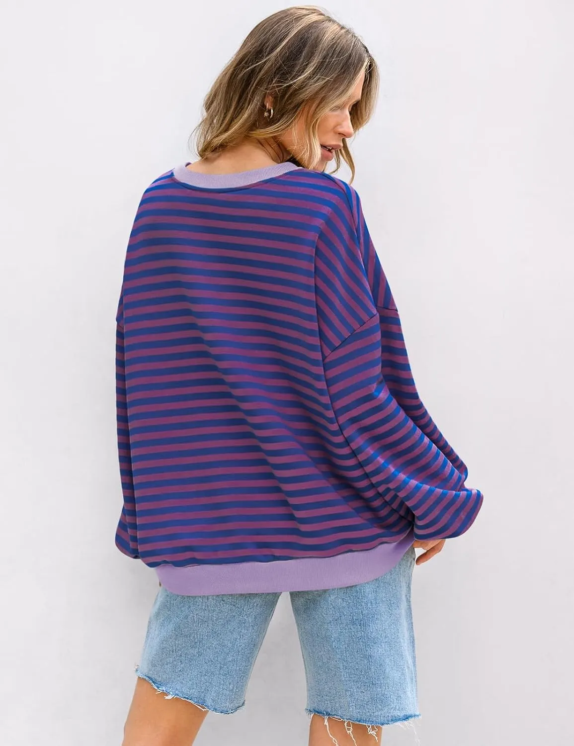 UEU Women Striped Oversized Sweatshirt Color Block Crewneck Long Sleeve Pullover Top Fashion Trendy Preppy Clothes