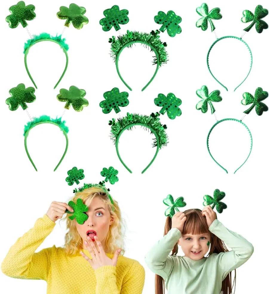 UMEELR 6Pcs St. Patrick's Day Headbands Set, Shamrock Head Boppers Hats Green Sequined Shamrock Headband for St Patrick's Day Accessories, St Patricks Day Decoration for Boys Girls