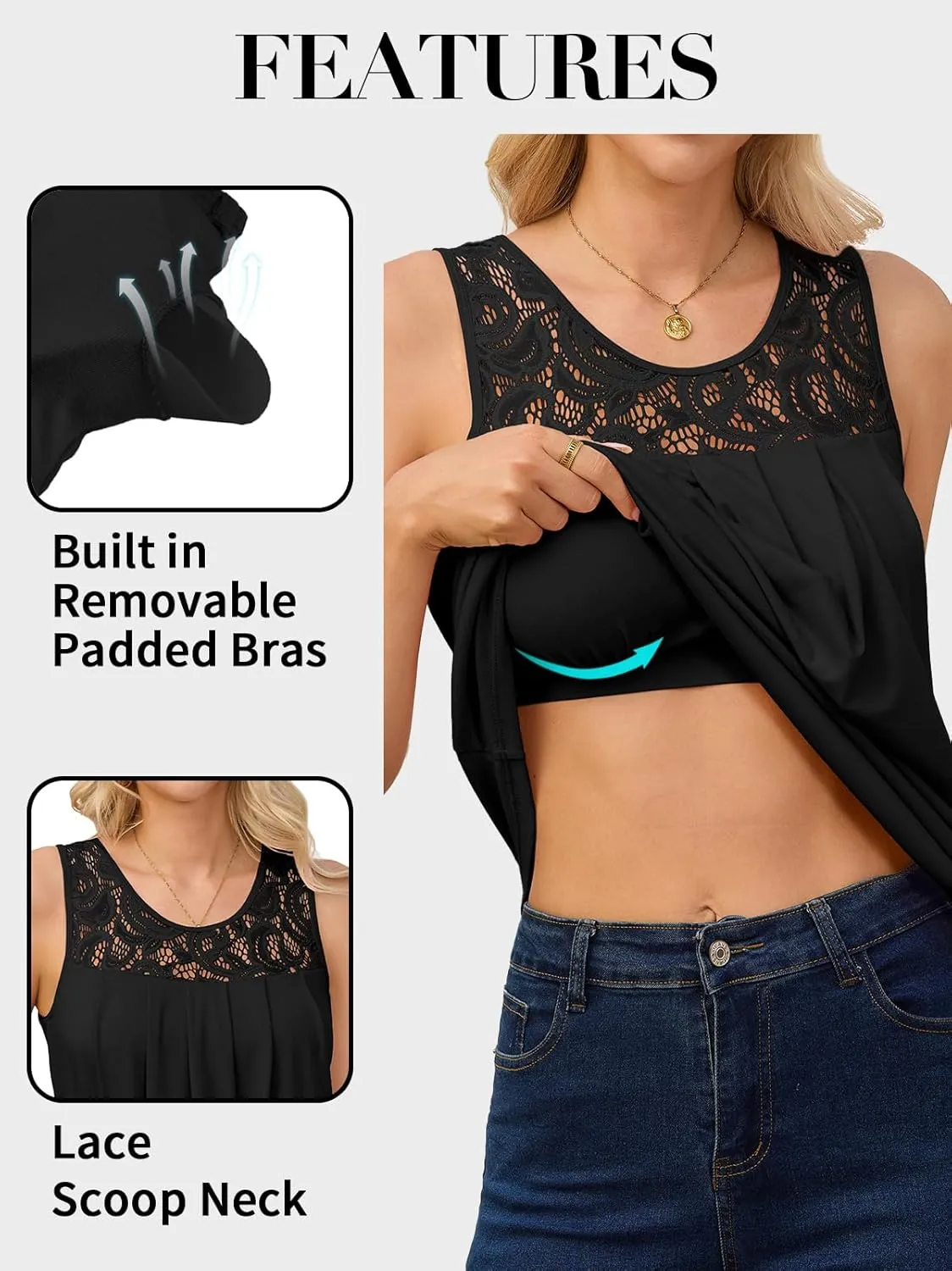 V FOR CITY Lace Tank Top with Built in Bra for Women Flowy Pleated Tunics Summer Scoop Neck Sleeveless Tops Curved Hem