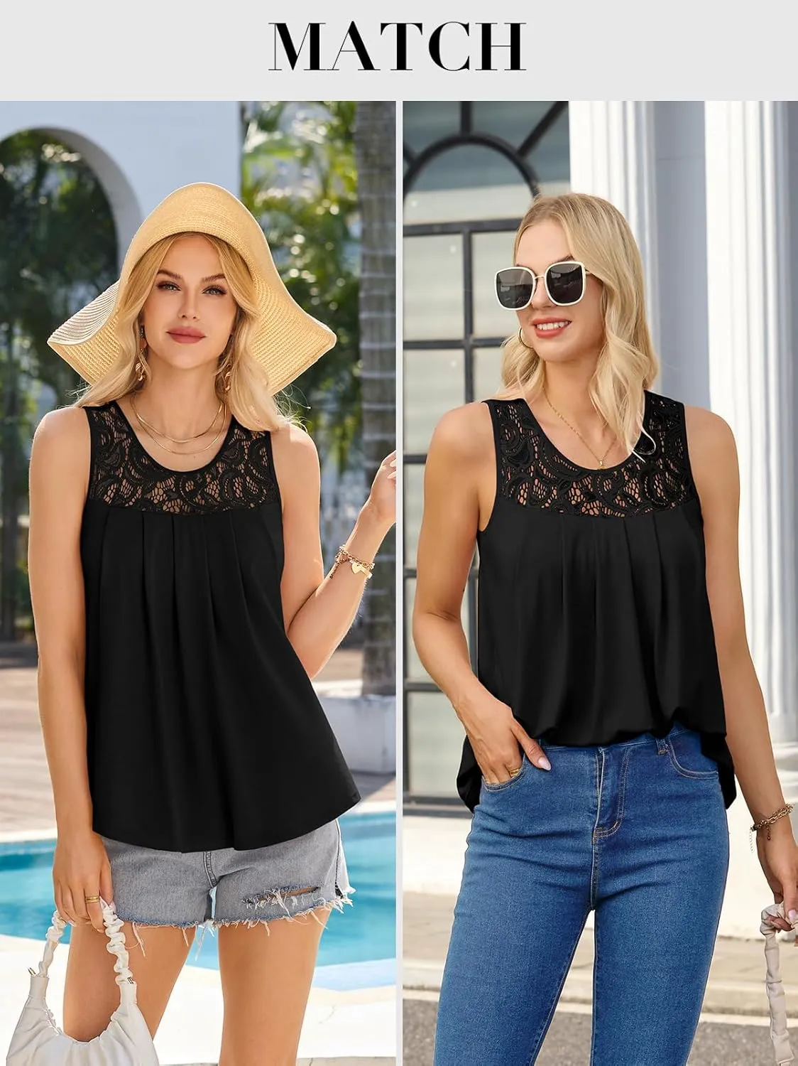 V FOR CITY Lace Tank Top with Built in Bra for Women Flowy Pleated Tunics Summer Scoop Neck Sleeveless Tops Curved Hem