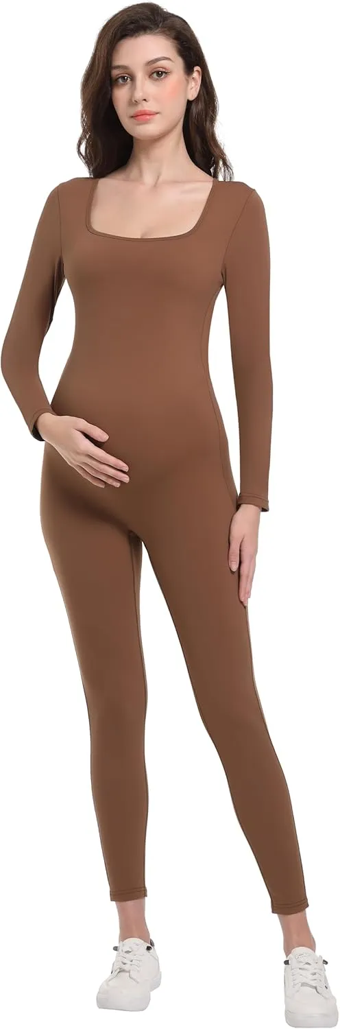 V VOCNI Maternity Jumpsuit Women's Square Neck Long Sleeve Bodycon T Shirts Yoga Leggings Romper Pregnancy Bodysuit