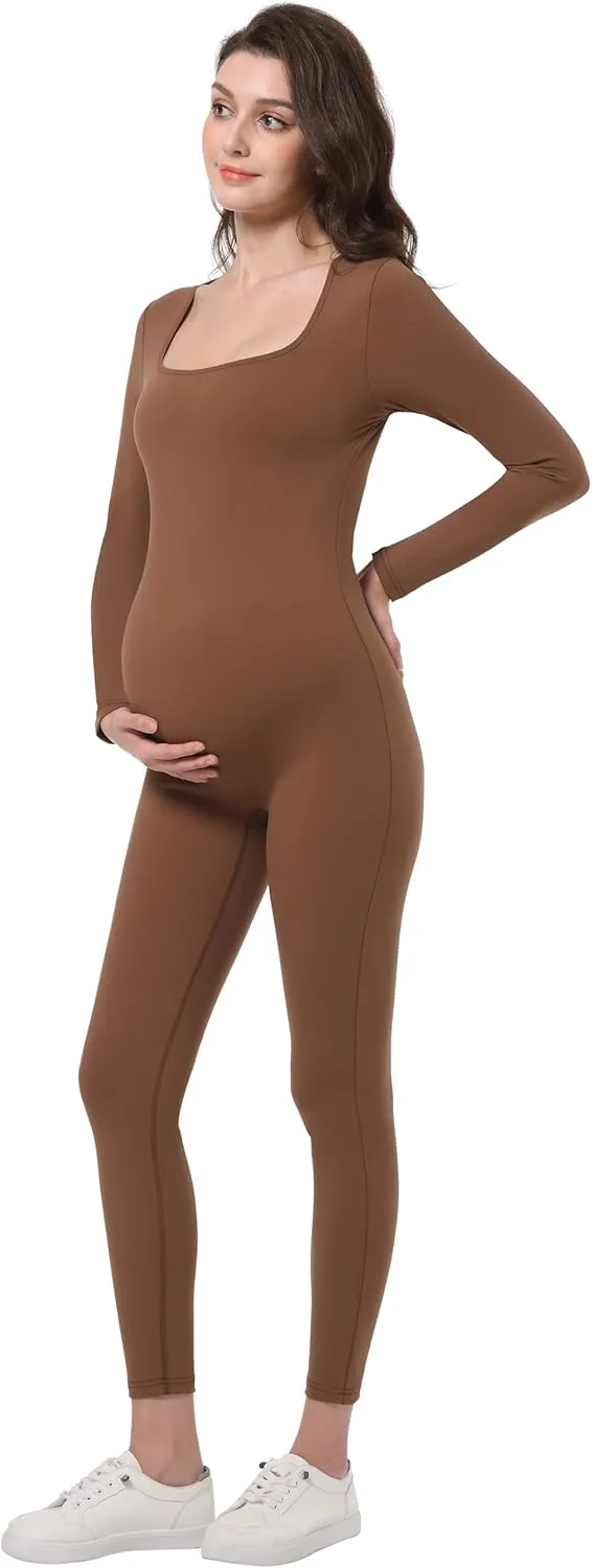 V VOCNI Maternity Jumpsuit Women's Square Neck Long Sleeve Bodycon T Shirts Yoga Leggings Romper Pregnancy Bodysuit