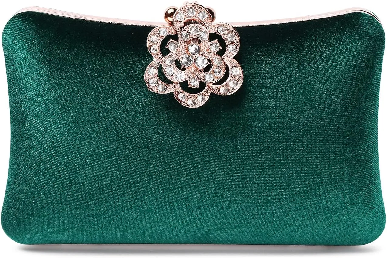 Velvet Evening Bags For Women With Flower Closure Rhinestone Crystal Embellished Clutch Purse For Party Wedding
