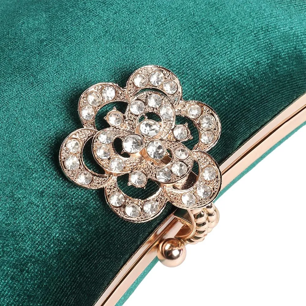 Velvet Evening Bags For Women With Flower Closure Rhinestone Crystal Embellished Clutch Purse For Party Wedding