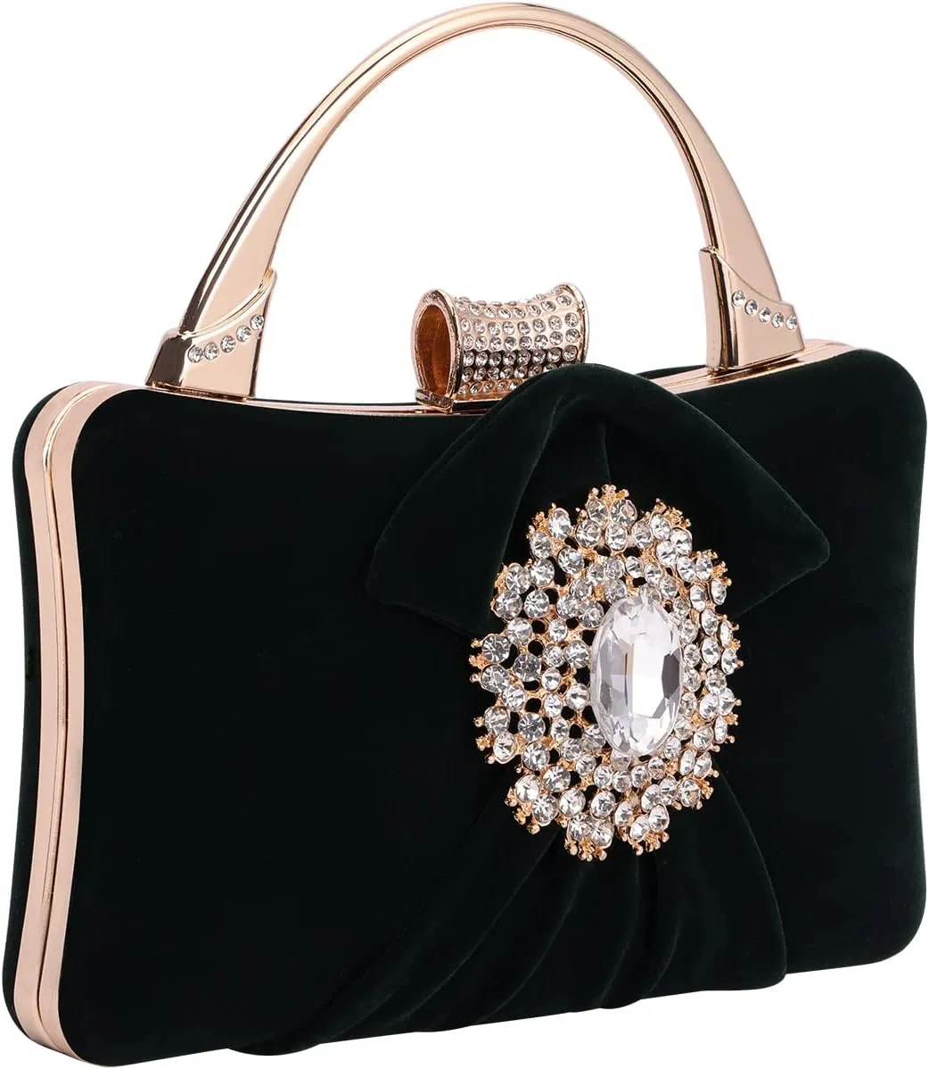 Velvet Evening Bags For Women With Flower Closure Rhinestone Crystal Embellished Clutch Purse For Party Wedding