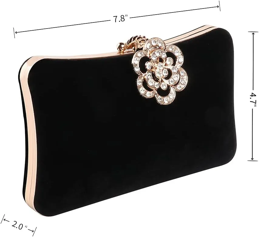 Velvet Evening Bags For Women With Flower Closure Rhinestone Crystal Embellished Clutch Purse For Party Wedding