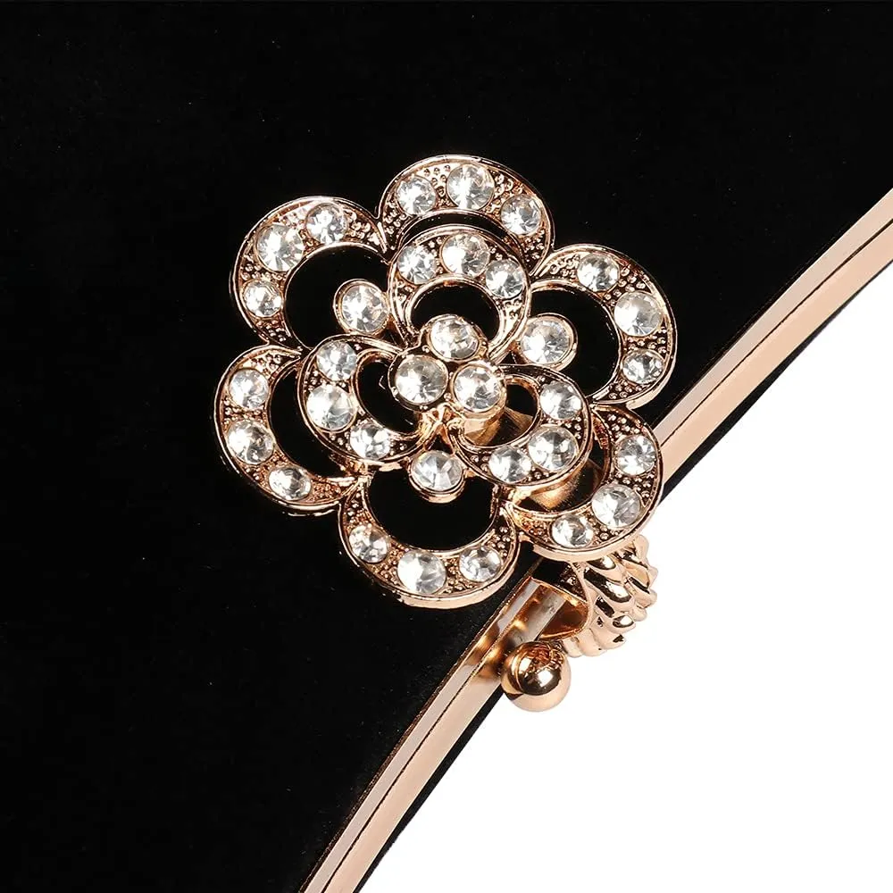 Velvet Evening Bags For Women With Flower Closure Rhinestone Crystal Embellished Clutch Purse For Party Wedding