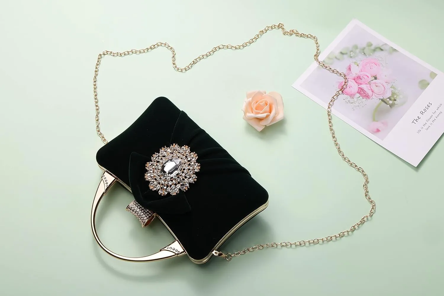 Velvet Evening Bags For Women With Flower Closure Rhinestone Crystal Embellished Clutch Purse For Party Wedding