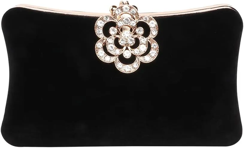 Velvet Evening Bags For Women With Flower Closure Rhinestone Crystal Embellished Clutch Purse For Party Wedding