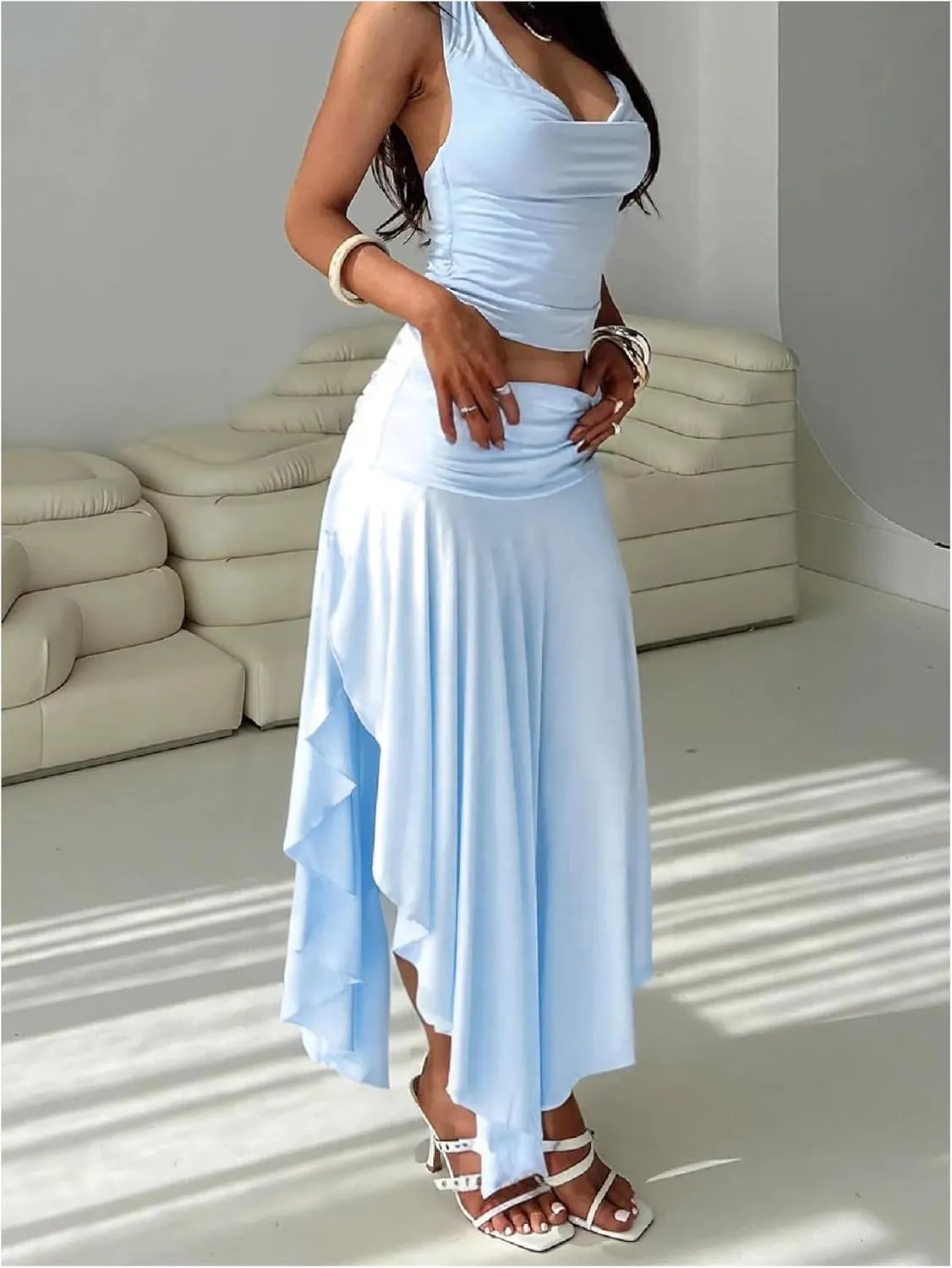 Verdusa Women's Asymmetrical Split Thigh Maxi Skirt Flowy High Waisted Elegant Pleated Long Skirts