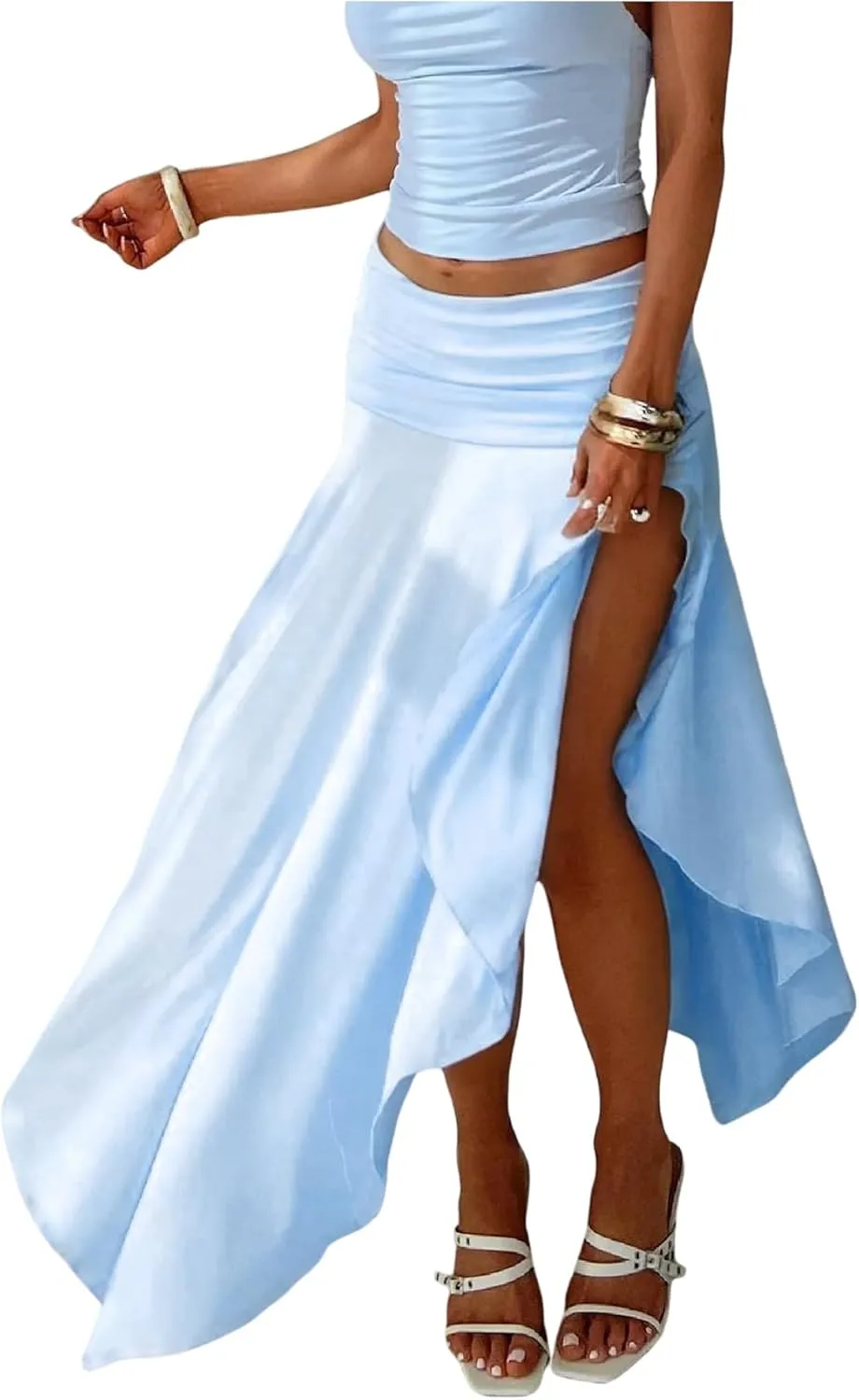Verdusa Women's Asymmetrical Split Thigh Maxi Skirt Flowy High Waisted Elegant Pleated Long Skirts