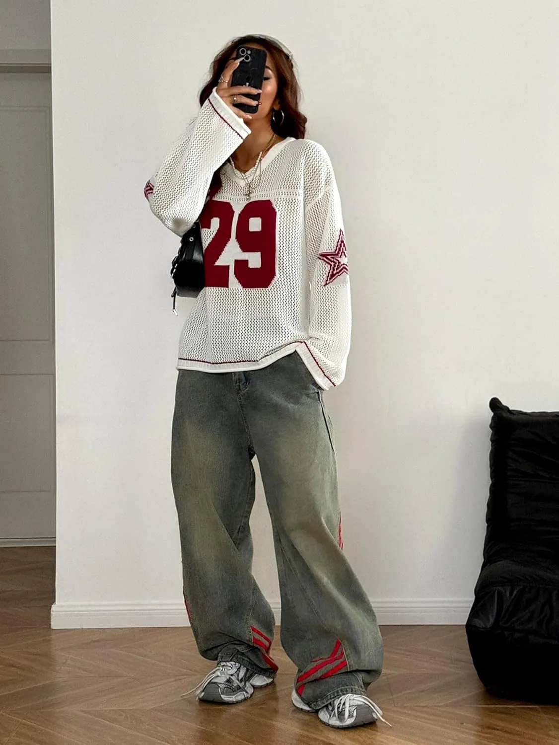 Verdusa Women's Oversized Hollow Out Crochet Jersey Shirts Graphic V Neck Pullover Sweater