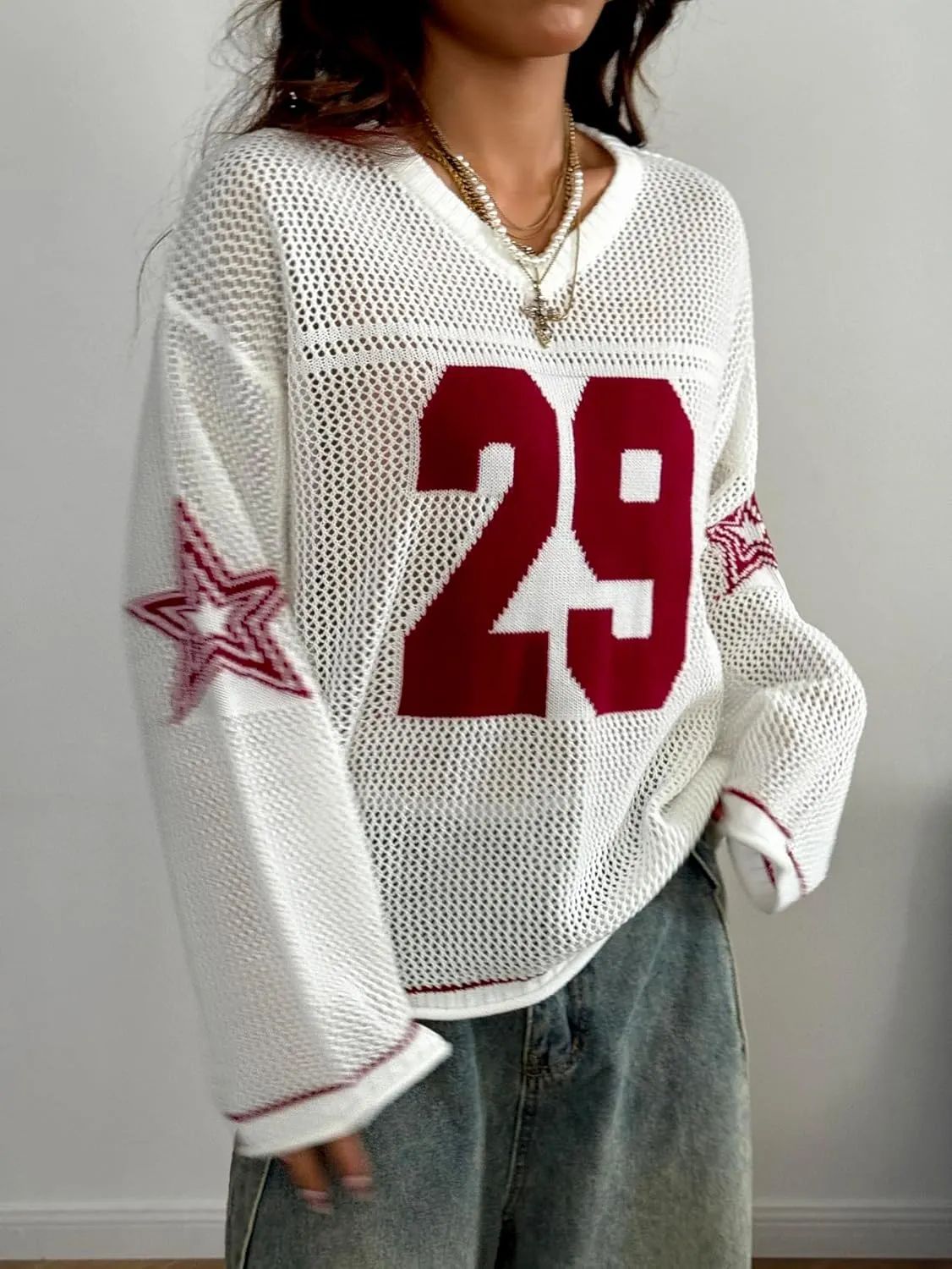 Verdusa Women's Oversized Hollow Out Crochet Jersey Shirts Graphic V Neck Pullover Sweater
