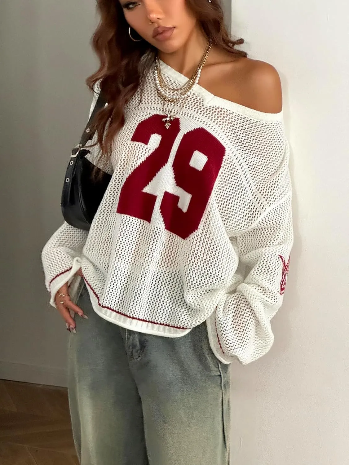 Verdusa Women's Oversized Hollow Out Crochet Jersey Shirts Graphic V Neck Pullover Sweater