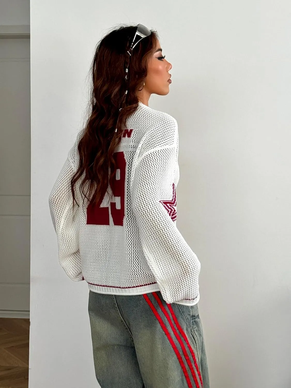 Verdusa Women's Oversized Hollow Out Crochet Jersey Shirts Graphic V Neck Pullover Sweater