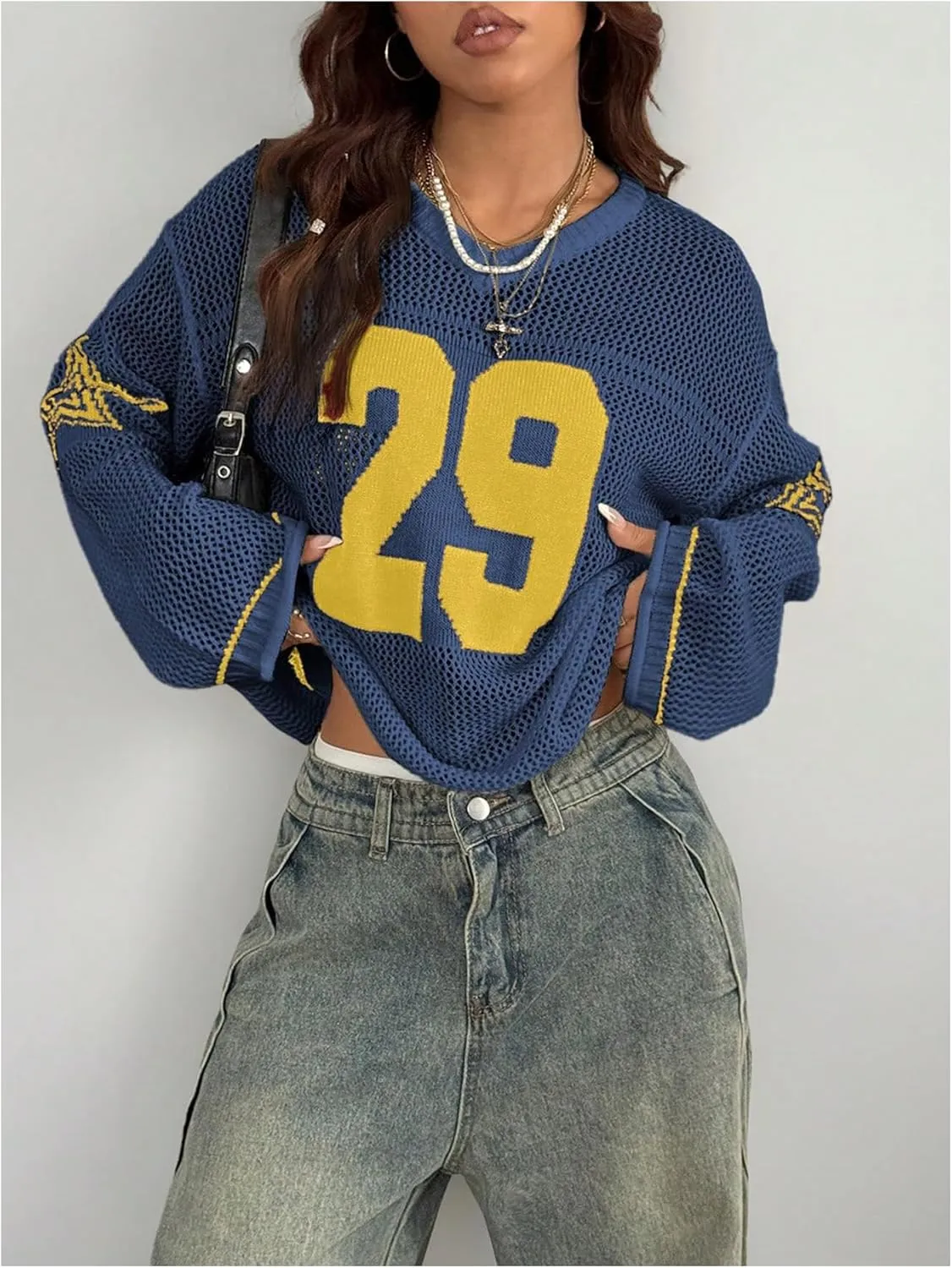 Verdusa Women's Oversized Hollow Out Crochet Jersey Shirts Graphic V Neck Pullover Sweater