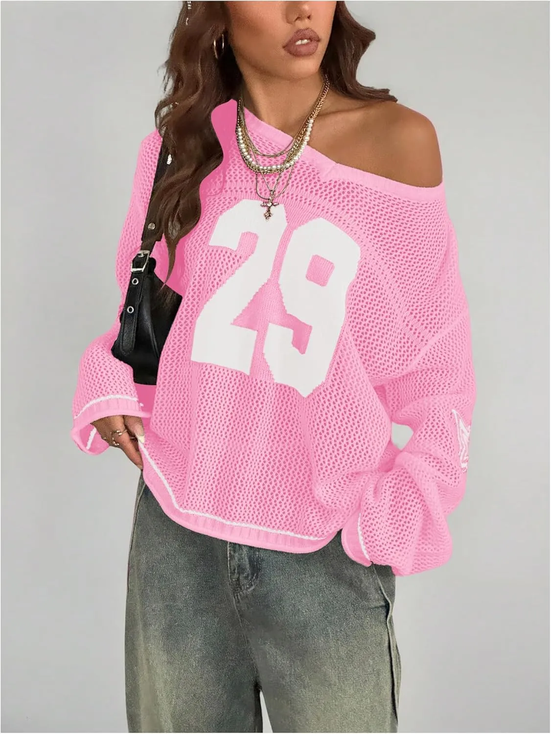 Verdusa Women's Oversized Hollow Out Crochet Jersey Shirts Graphic V Neck Pullover Sweater