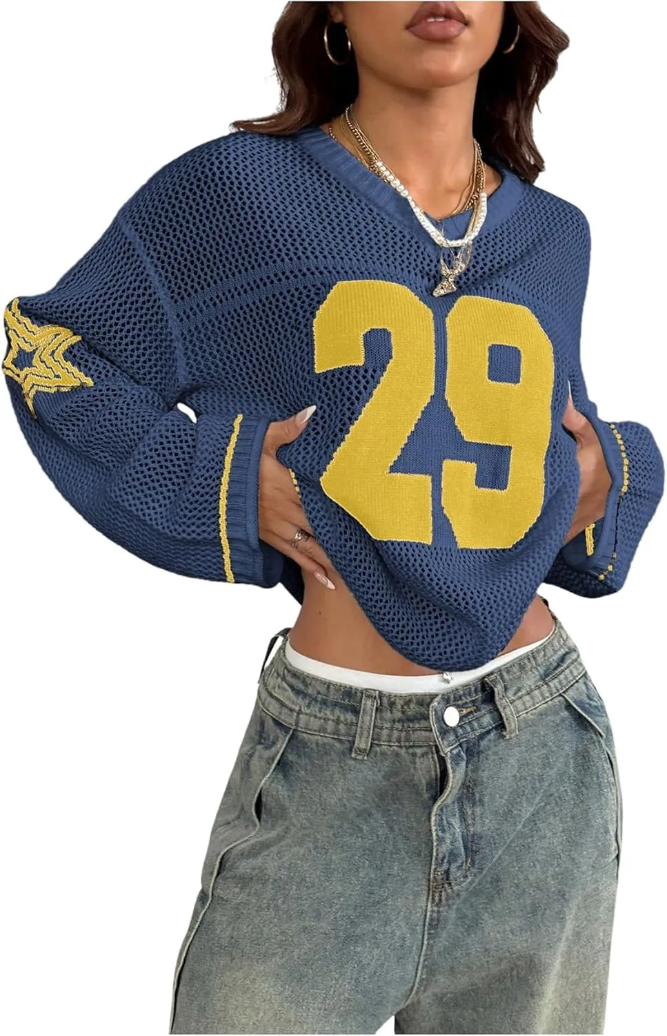 Verdusa Women's Oversized Hollow Out Crochet Jersey Shirts Graphic V Neck Pullover Sweater